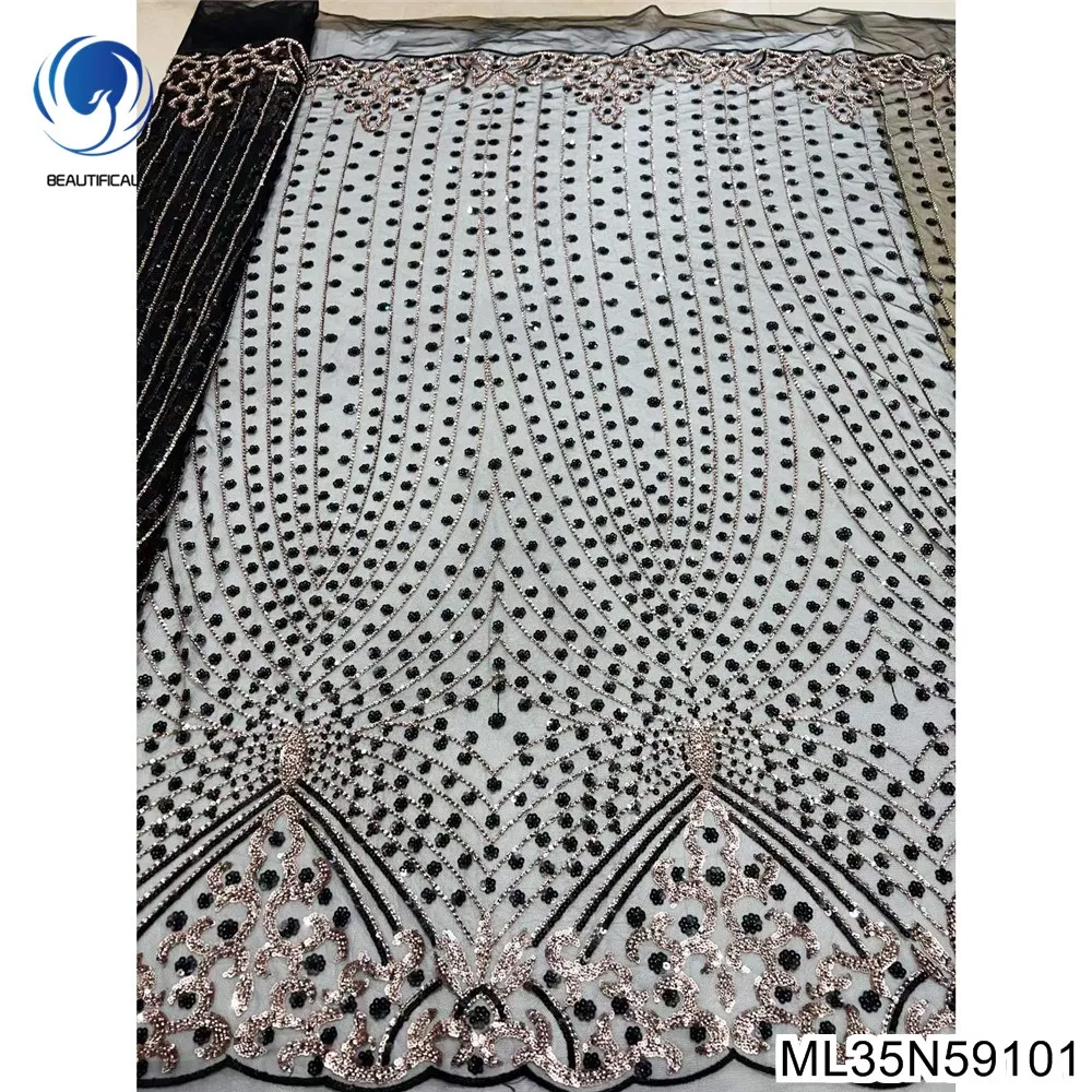 

Traditional Black Shiny Sequins Lace Fabric African High Quality Beaded Tulle Fabric Elegant For Bridal Evening Dress ML35N591
