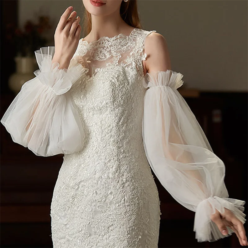 Removable Sleeve Bride Wedding Gloves Detachable Tulle Elastic Cuff Lantern Gloves Bridal Party Wedding Dress Accessories 1Pair wedding dress gloves wedding sleeve accessories