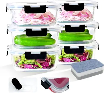 Set da 6 pezzi di grandi contenitori in vetro da 1200 ml con coperchi, contenitori per alimenti e preparazione dei pasti senza BPA con coperchi ermetici 1