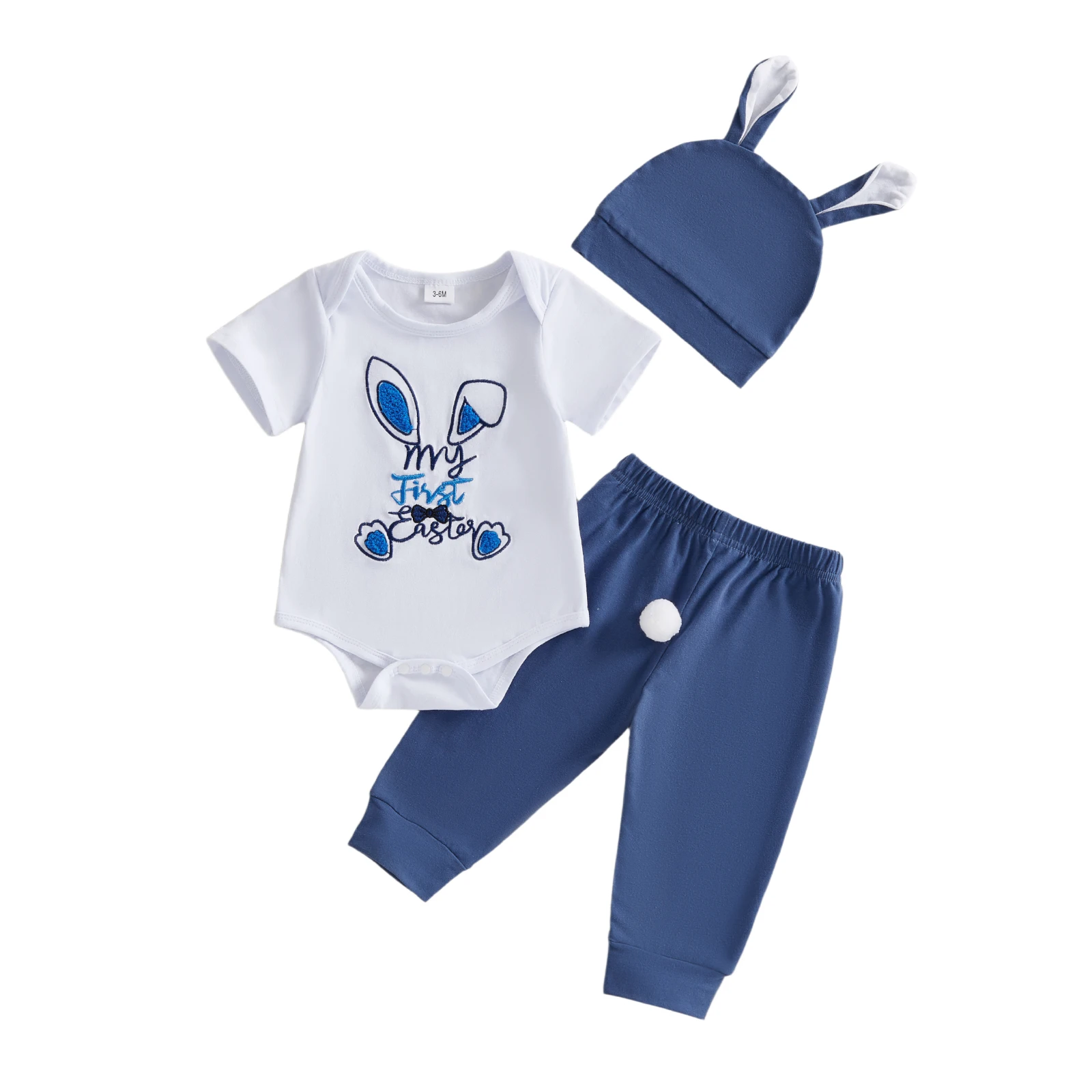 Adorable Baby Easter Outfit Set with Crew Neck Romper Bunny Ears Embroidery Elastic Waist Pants and Matching Hat for Boys
