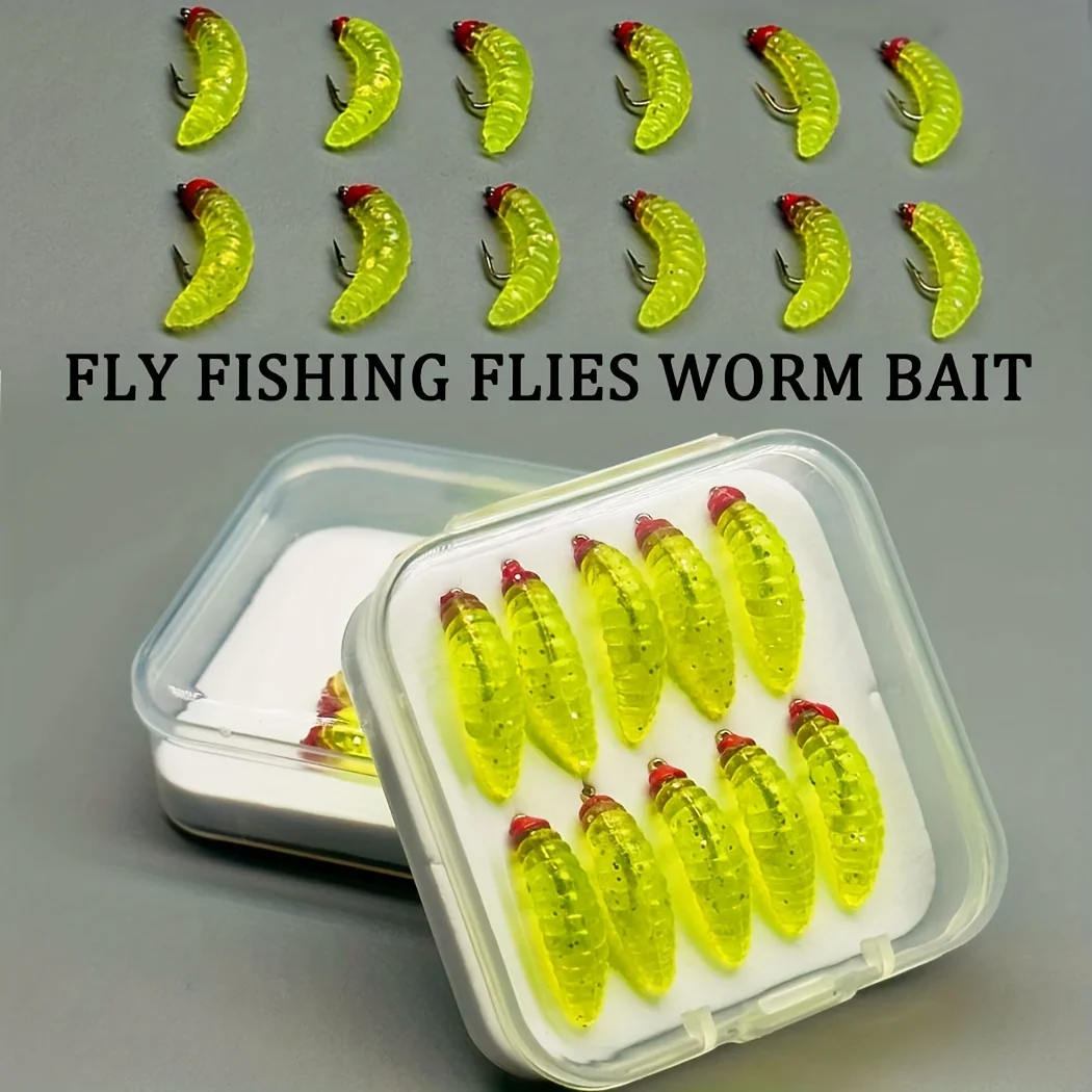 Fliegenfischen-Fliegen, weicher Made-Wurmköder, 5/10 Stück, künstlicher Köder, mit Fliegenbox, Nymphenfischen, Lachs, Forelle, Bass, Fliegen, Köderhaken