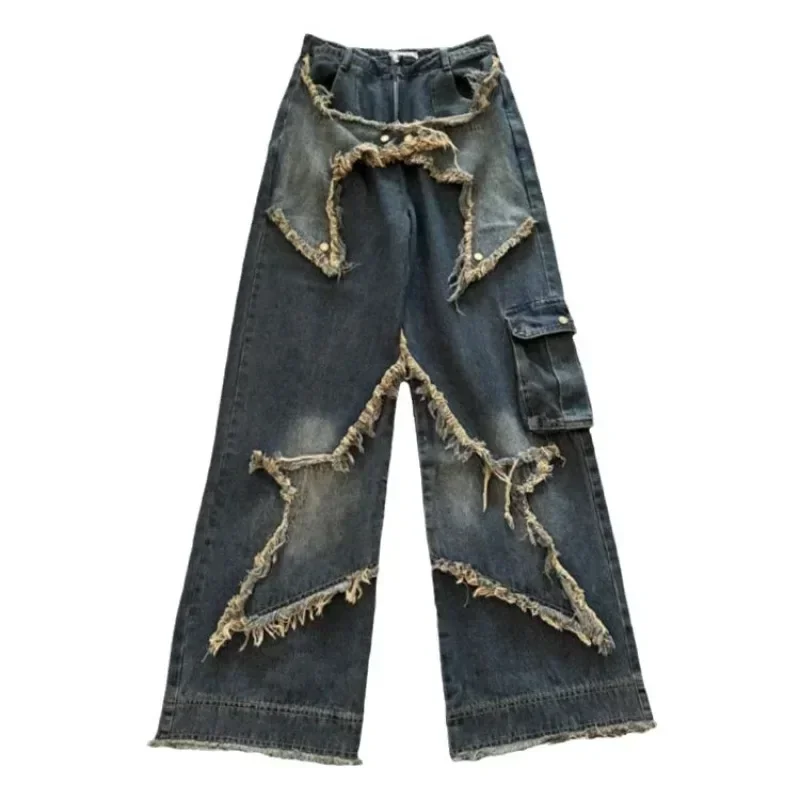 New women star stitching tassel pants American retro high