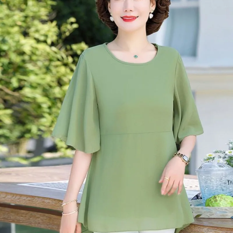 2024 Temperament New Summer Solid Round Neck Pullover Women's Short Sleeve Loose Fashion Commuter Versatile Simple Chiffon Tops