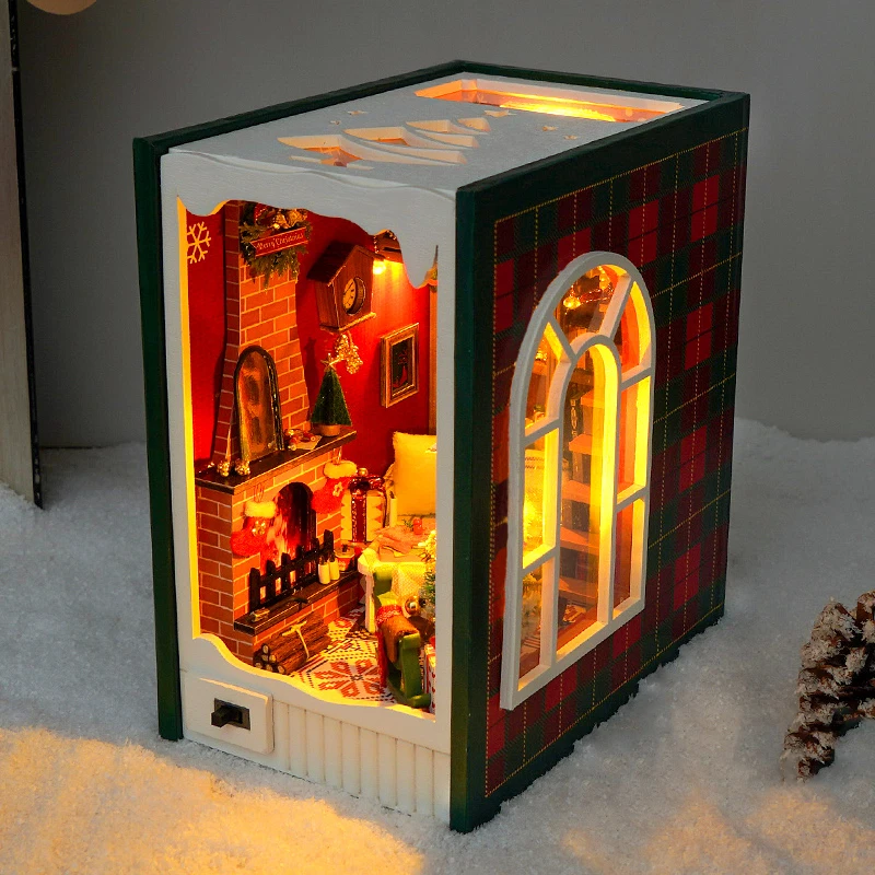 DIY Wooden Christmas Diary Book Nook Shelf Insert Miniature Model Kits With Furniture Bookshelf Handmade Bookend Friends Gifts 3