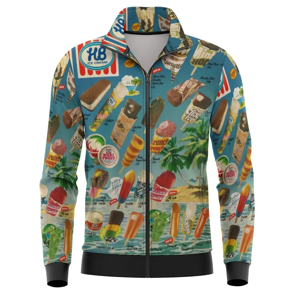 2024 Nueva tendencia de moda de primavera y otoño Chaquetas bomber holgadas de manga larga con bolsillo y estampado 3D de helado simple Abrigos de gran tamaño