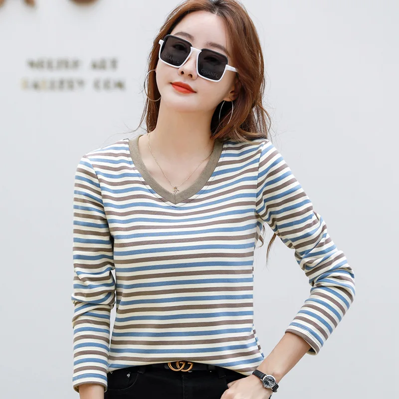 

New Winter T Shirt Women Long Sleeve V-neck Vintage Striped Casual Tshirts Autumn Cotton Basic Tees Fashion Female Tops