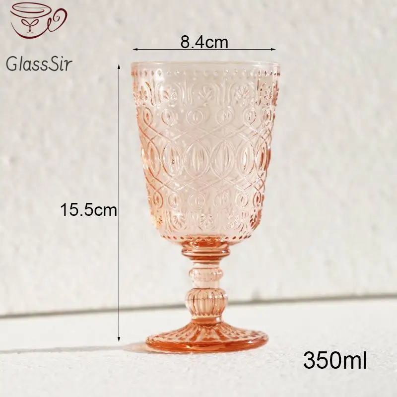 Drinking Glass 2Pcs Vintage Relief Wine Glass Cups Color Embossed Goblet Home Juice Water Cup Wedding Party Champagne Cocktail Cup Gift 350Ml