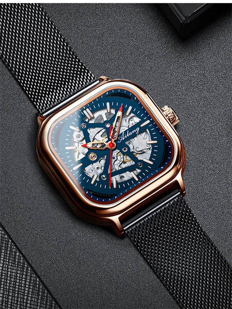 AILANG Top Skelett Quadrat Mechanesch Fir Männer Automatesch Handgelenk Waasserdicht Mesh Gürtel es_voghion.com