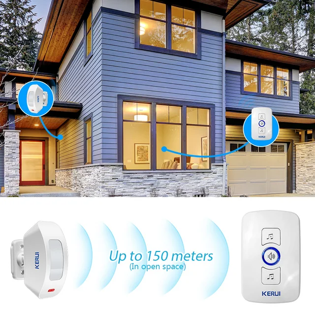 KERUI Wireless Doorbell Home Security Welcome Chime Door Bell Work with PIR Motion Detector Door Sensor Sound Alarm Ring Button 4