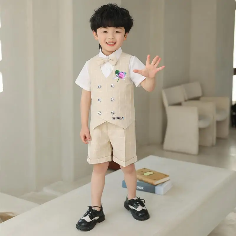 

Prince Boys Summer Photograph Dress Children Day Vest Strap Shorts Performance Suit Kids Formal Graduation Ceremony Tuxedo Wear