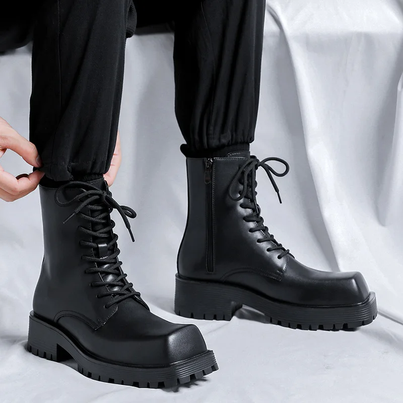 Men luxury fashion platform motorcycle boots square toe shoes high top cowboy knight boot lace-up genuine leather leather boots mens leather boots motorcycle leather boots