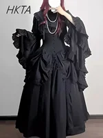 Lolita Shirts Pure White Black Ji Sleeves Shirt SK Fishbone High Waist Skirt Women Dark Goth Slim Blouse Long Skirt 2-piece Set - Image 3