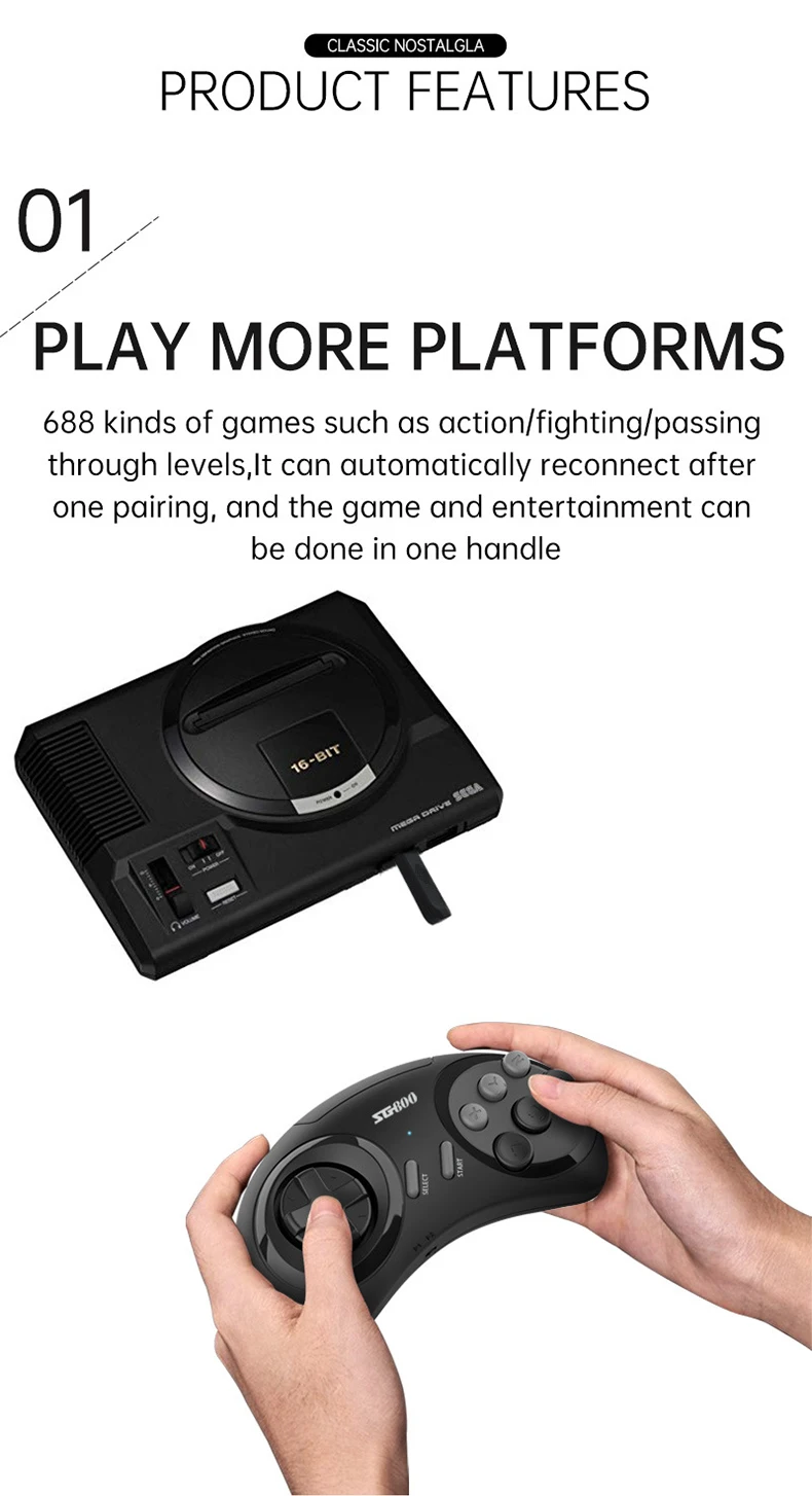 SG800 MD Game Console with Two Game Controllers Built-in 688+ Games Portable Game Console for Sega Mega Drive / Genesis Games