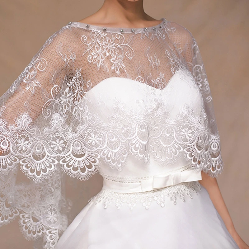 

Ivory Women Floral Lace Wedding Cape Shawl Wrap Rhinestone Bridal Capelet Bolero Shrug