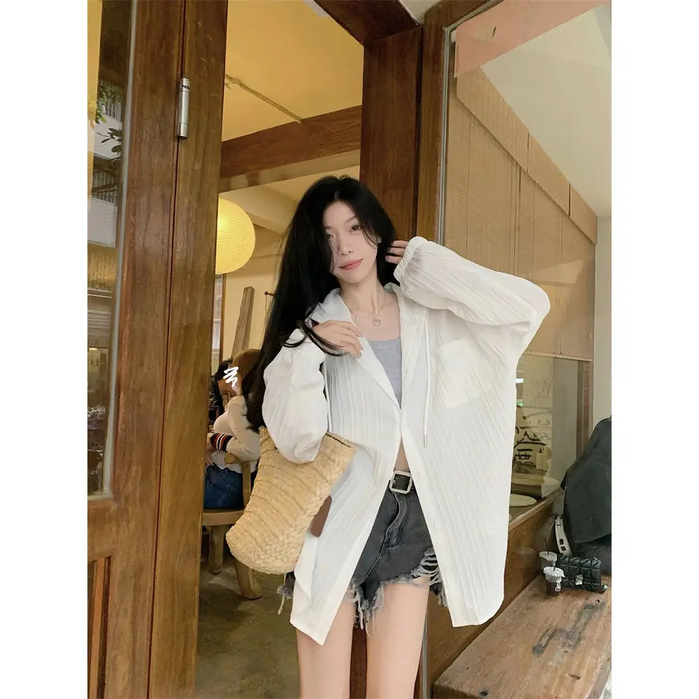 2024 Long Sleeved Sunscreen Women's Summer Versatile Mid Length Skin Covering Versatile Loose Cardigan Hooded Thin Commuter Coat stylish suit jacket skin touch autumn winter solid color casual lapel suit jacket regular length casual blazer for office