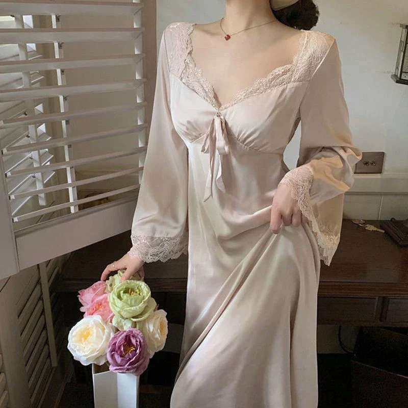 

Женская ночная сорочка во французском стиле, однотонная шелковая летняя одежда для сна до колена, с длинным рукавом, кружевом и V-образным вырезом