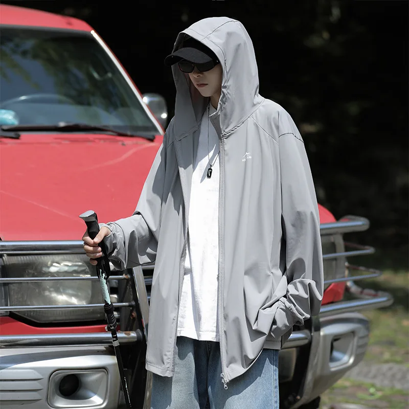 Thin ice silk sunscreen jacket men's summer mountain outdoor fashion brand loose Japanese Harajuku hooded UV protection jacket