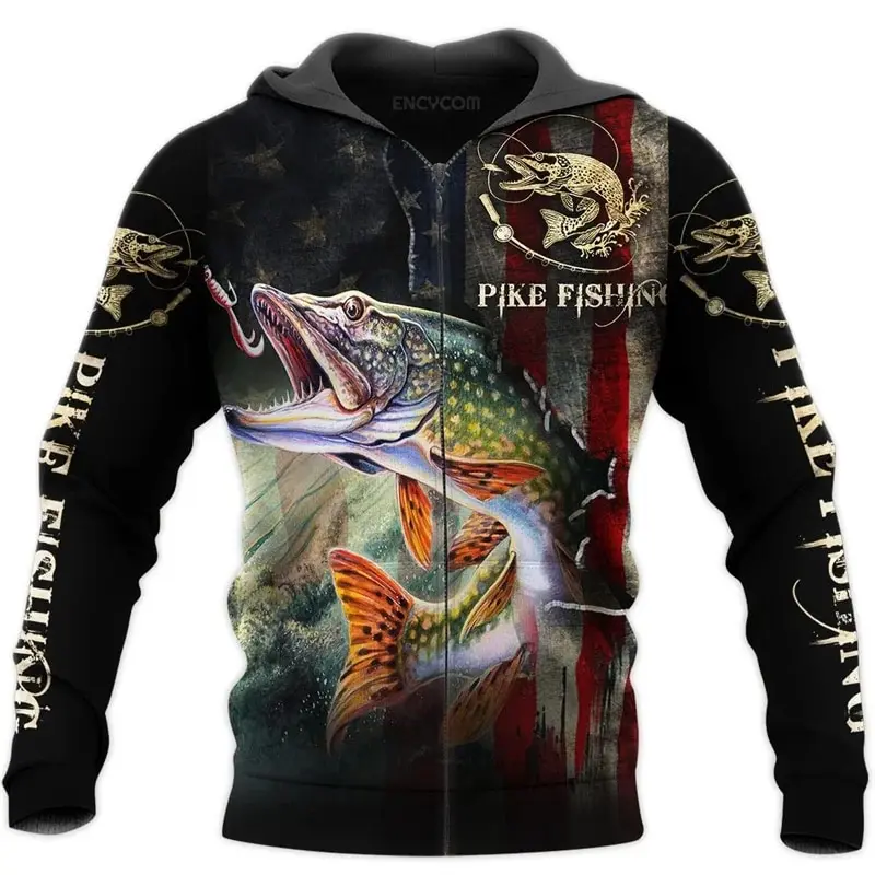 thumbnail image 1 of Sudadera con capucha y cremallera para hombre, nueva sudadera con capucha con estampado 3D de pesca de carpas y pesca salvaje, moda para exteriores, sudadera de gran tamaño Harajuku, primavera de 2024, 1 of 5