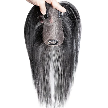Topper per capelli da donna con frangia centrale, 100% capelli umani, colore naturale/marrone