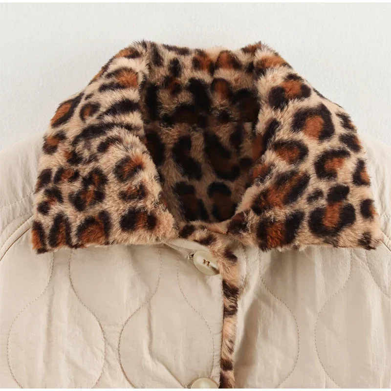 Parkas acolchadas de leopardo de doble cara para mujer, abrigo vintage de polar con solapa y botones, de manga larga, ropa de abrigo gruesa y cálida para mujer 2025