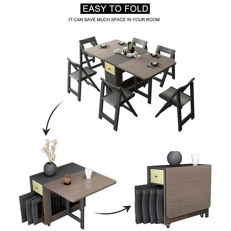 Folding Dining Table with Storage Rack and Two Storage Drawers Movable Kitchen Table Extendable Versatile Space Saving dining table chair combination