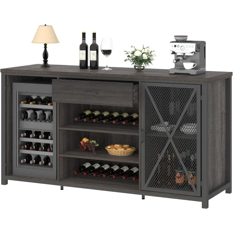 LVB Long Bar Cabinet with Fridge Space, Farmhouse Big Liquor Cabinet with Drawer Storage, Rustic Wood Metal Large Wine