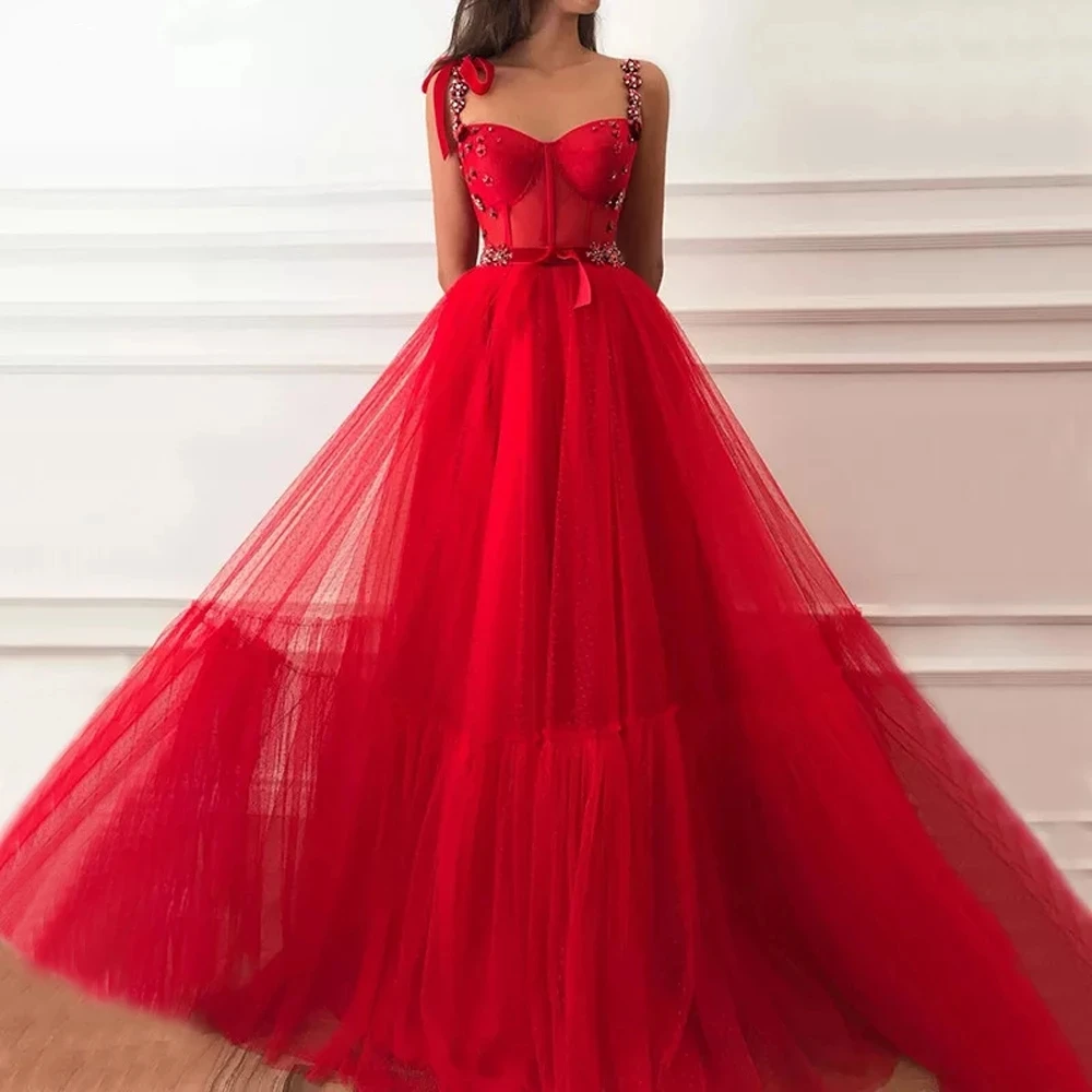 2022 Red Prom Dresses Spaghetti Straps Handmade Flower Crystal Floor Length Tulle Long Prom Gown robe de soiree For Women mermaid prom dresses Prom Dresses