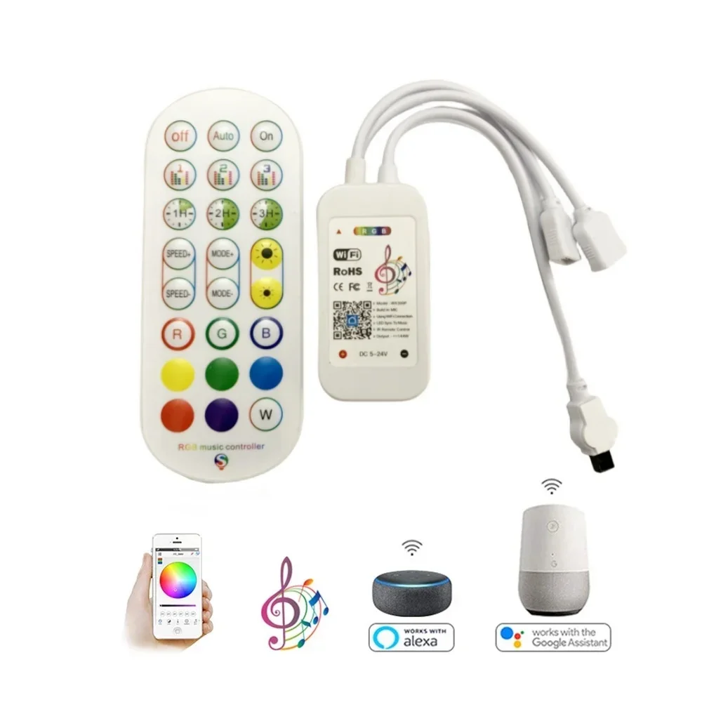 Smart Life Tuya Wifi Music Led Rgb Controller Dc5-24V Con Telecomando A 24 Tasti Per Alexa Google Controller Smart Light A 2 Porte A 4Pin