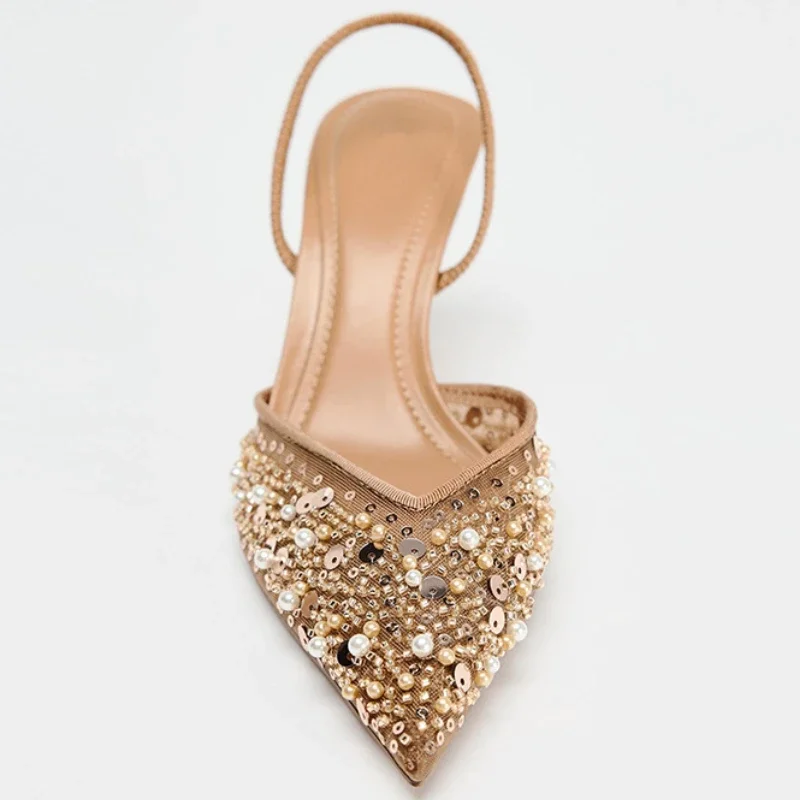 Women Mesh String Bead High Heels Sandals Bling Sexy Pointy Toe Mules Slippers Luxury Designer Slingbacks Dress Shoe Pumps