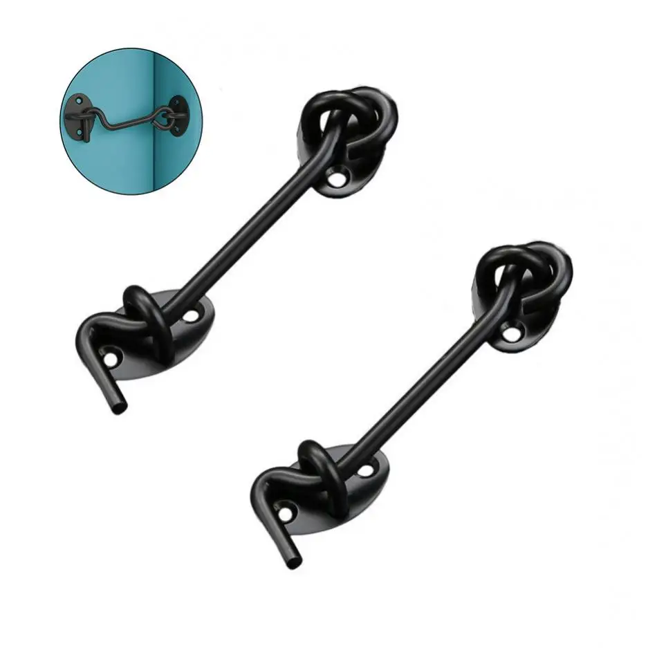 2pcs 4 Inch Thickened Stainless Steel Black Door Latches for Window / Sliding Door / Cabinet Hook and Eye Lock Windproof Hook
