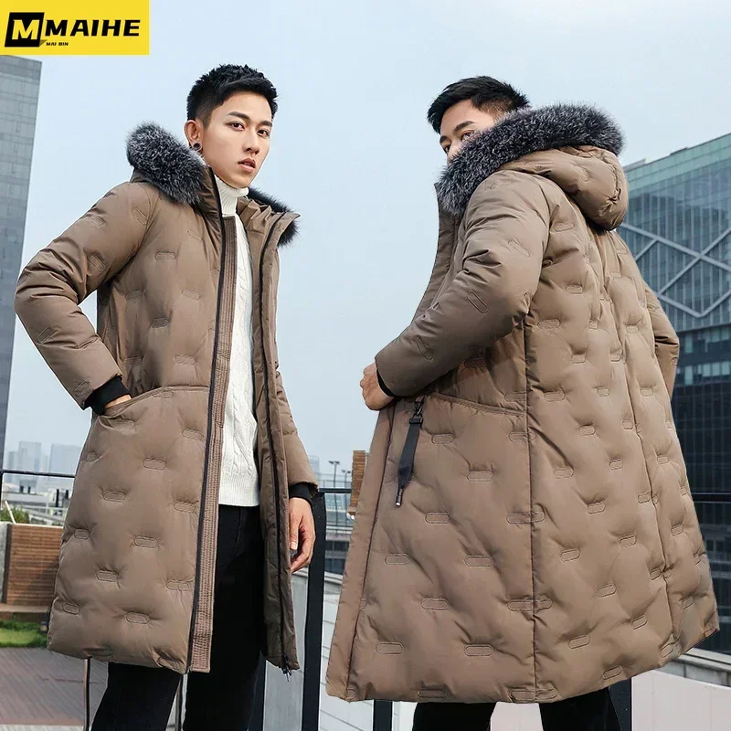 2023 Winter Long Cotton Cushion Jacket Men's Light Luxury Waterproof Windproof Fox Fur Collar Parka Korean Thick Down Coat Men's