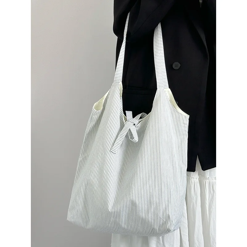 Ins Style Striped Hand-Held Canvas Tote Bag, Women'S New 2024 Niche Design, Large Capacity Underarm Single Shoulder Bag