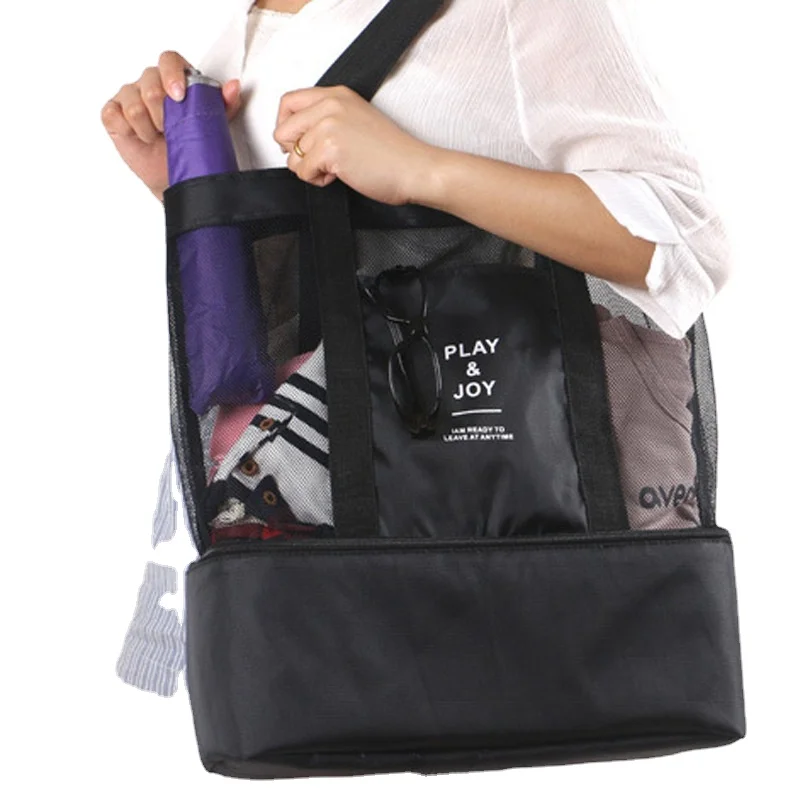 1pc Extra Large Mesh Beach Bag Breathable Tote With Zipper Side Pockets Portable Large Capacity Organizer Bag mesh beach bag