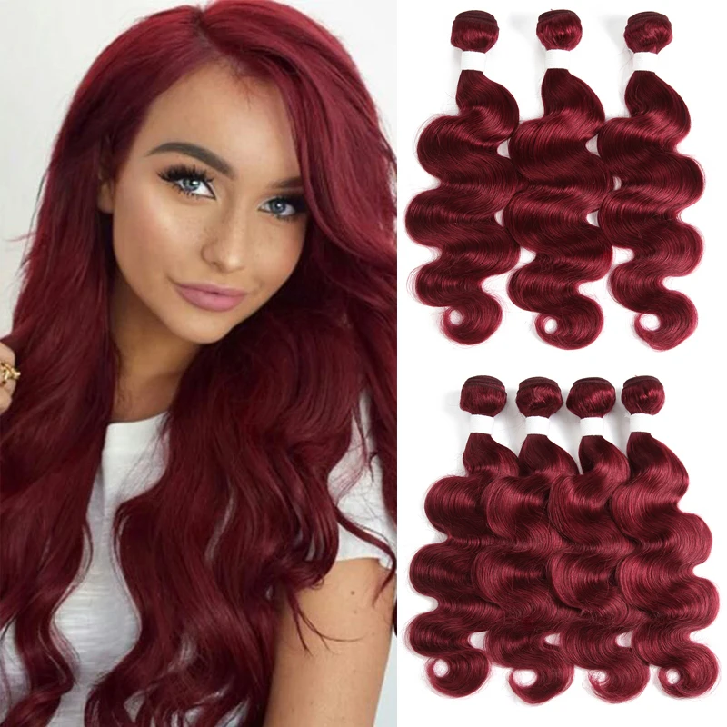 Brazilian Body Wave Human Hair Bundles 99J/Burgundy Red Colored Human Hair Weave Bundles 8-26 Inch Remy Extension 3/4PCS