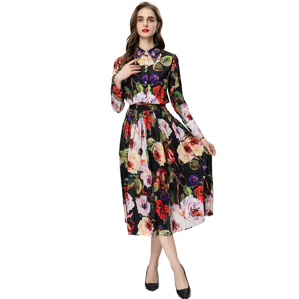 

Doris Fanny Fashion Designer Summer Flower Print Suit Women's Crystal Turn-down Collar Long Sleeve Shirt + Skirt Two-Piece Set