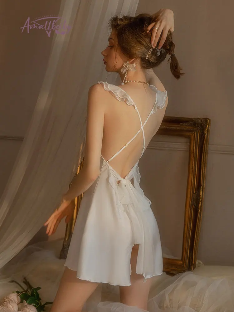 Beauty Back Nightdress Women's Sleepwear Sexy Lingerie Ice Silk Satin Deep V Pajamas Nighties Nightwear Nightshirt Home Clothes women lingerie,women nightgowns,women nightdresses,women pajamas,sleeping dress