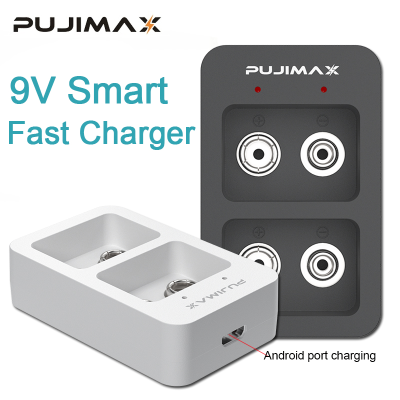 PUJIMAX 2 Slots Smart Fast Battery Charger With LED Indicators USB Cable For 9V Ni-MH/Ni-Cd/Li-ion Rechargeable Batteries