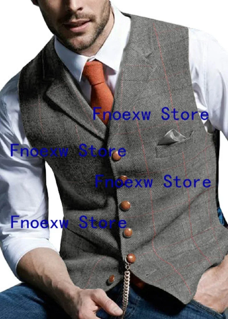Men Suit Vest Notched Plaid Wool Herringbone Tweed Waistcoat Casual Formal Business Groomman For Wedding Green/Black/Green/Grey