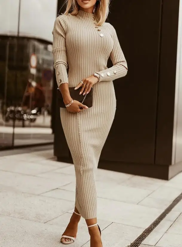 

Womens Dresses 2023 Spring Fashion Mock Neck Buttoned Casual Plain Long Sleeve Skinny Daily Maxi Sweater Dress Woman Clothing
