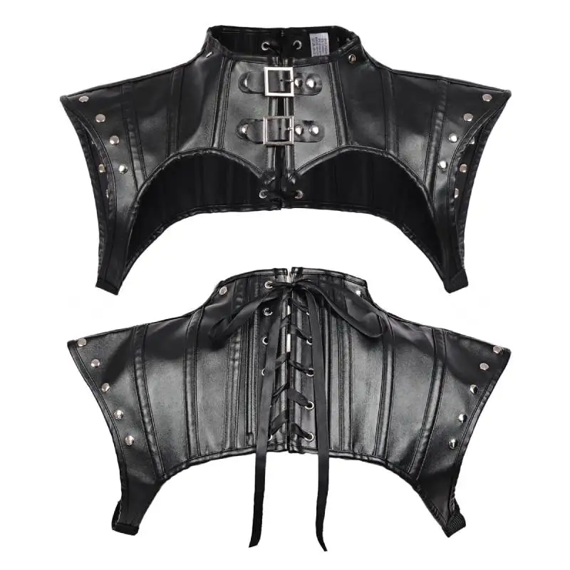 DAZCOS Steampunk PU Leather Shrug Gothic Women Costume Shoulder Jacket Black High Neck Rivet Corset Shrug Halloween Corsets Top
