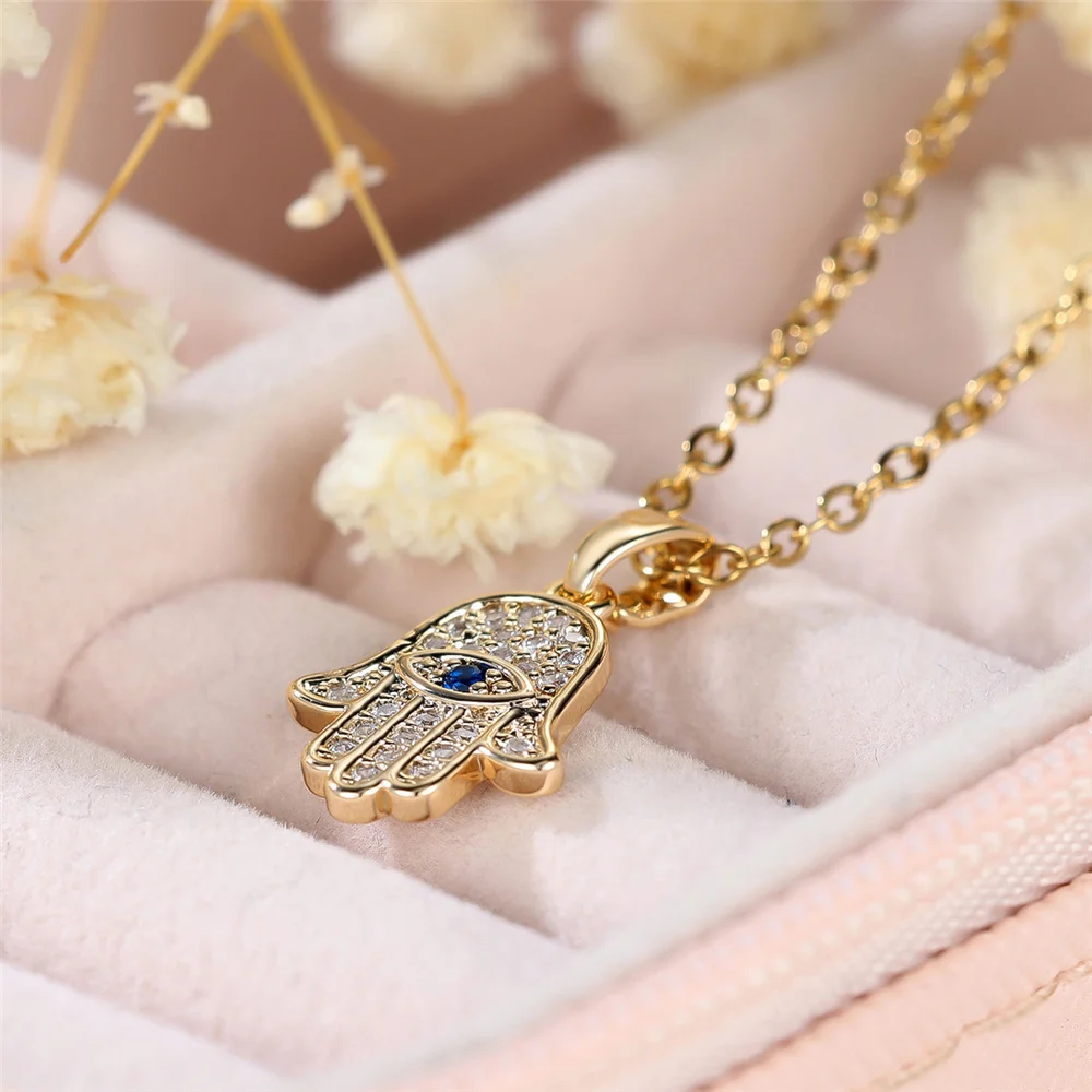 Female Crystal White Blue Zircon Stone Hand Pendant Necklace Vintage Gold Color Wedding Jewelry For Women