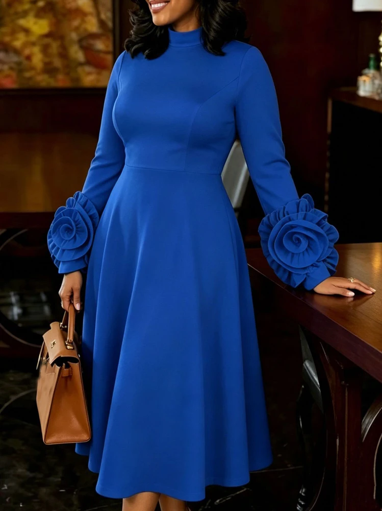 JENYAGE Damen schickes Midikleid mit hohem Kragen und langen Ärmeln, 3D-Rosenblüten-Manschetten, schmal geschnitten, A-Linie, einfarbig, dehnbar, elegantes formelles Partykleid