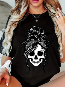 Women's Casual T-Shirt - Black Geometric Skull & Floral Print, Round Neck Short Sleeve Top for Spring/Summer Personality Y2K Top 1