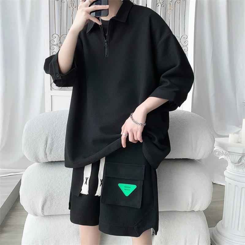 Short Sleeve Polo Shirts+Shorts Fashion Waffle Loose Casual Men's Sets Simple Turn Down Collar Streetwear Green Plus Size 5XL-M