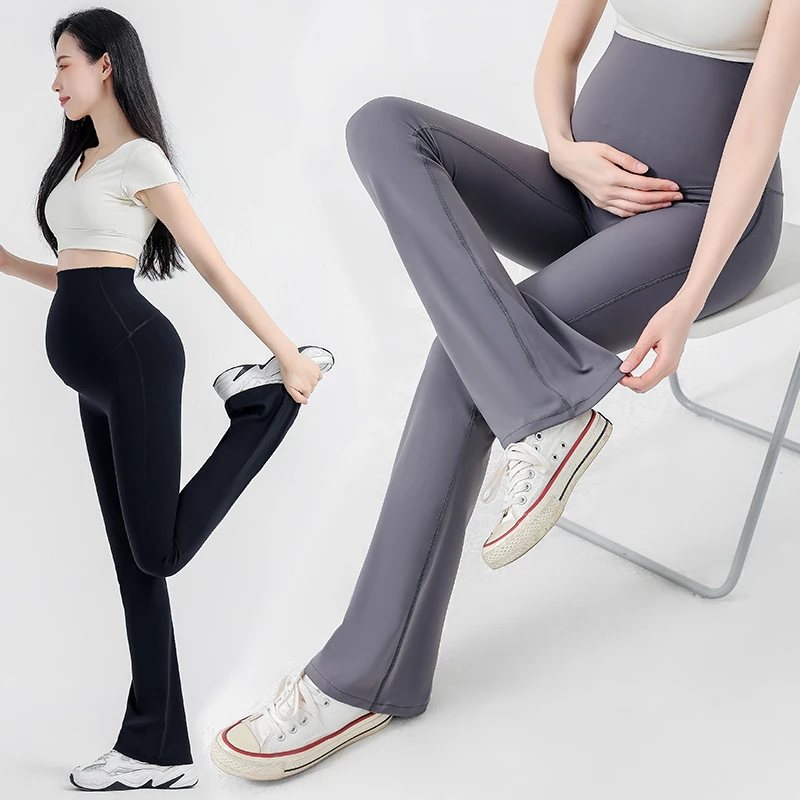 Spring Summer Fashion Slim Maternity Flare Pants Seamless High Waist Sharkskin Boot Cut Yoga Leggings for Pregnant Women