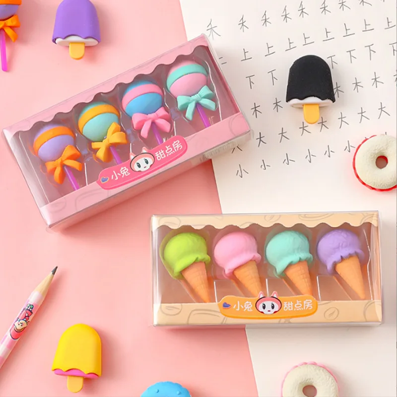 

4 pcs/set Kawaii Simulation Donut Candy Ice Cream Rubber Pencil Eraser Cute School Kids Supplies Stationery Erasers Gift Prizes