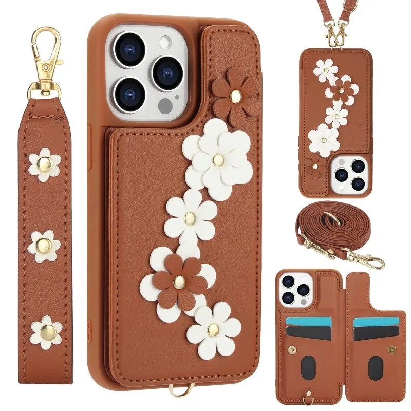 Skulderveske med håndleddsstropp og blomstermotiv til iPhone 16 15 14 13 12 11 Plus Pro Max XS XR X 7 8 Lommebok med kortholderdeksel_voghion.com