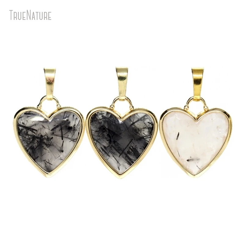 

10Pcs Wholesale Gift For Her Jewelry Heart Shape Point Gold Color Tourmalinated Quartz Pendant