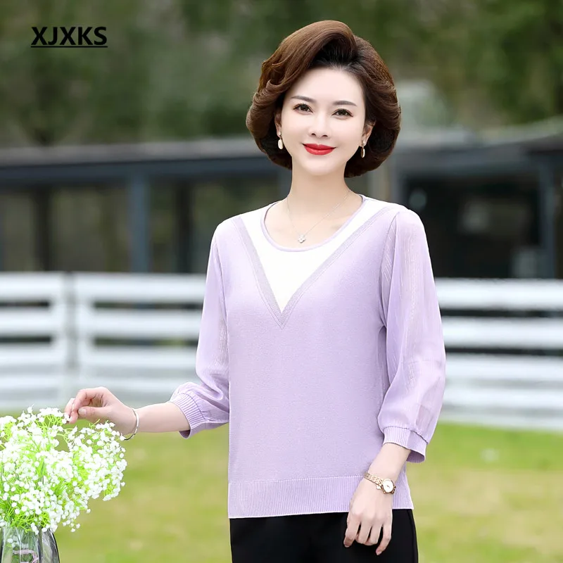 

XJXKS 2022 Summer New Round Neck Three-quarter Sleeve Women Top High Quality Wool Knitted Stitching Chiffon Thin Female Pullover