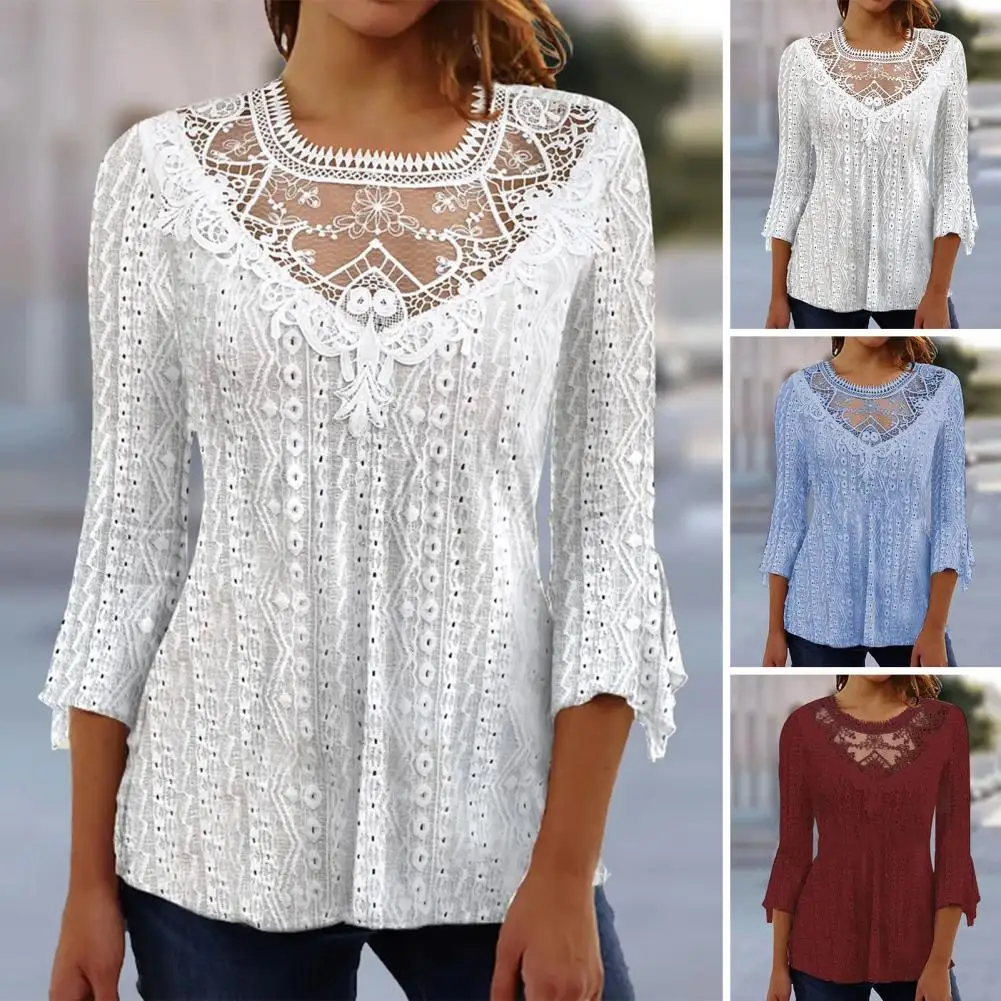 

Women Solid Color Top Stylish Autumn Blouse Lace Hollow Out Flower Embroidery Loose Fit Women's Three Quarter Sleeve for Fall